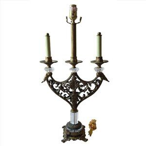 Vintage JOHN RICHARD Candlestick Brass & Crystal Bouillotte Desk Table Lamp 26"